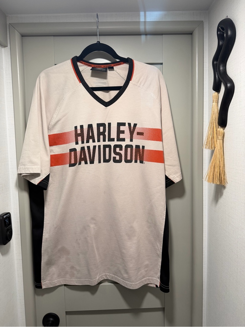 Harley-Davidson Cream & Orange Striped V‑Neck Tee